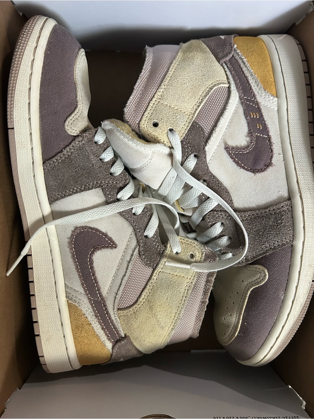 Jordan High-Top Sneakers in Taupe, Cream & Mustard Accent